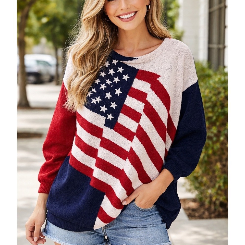 Vintage Suburbans Knit Sweater‎  American Flag Crochet  M Blue Red White